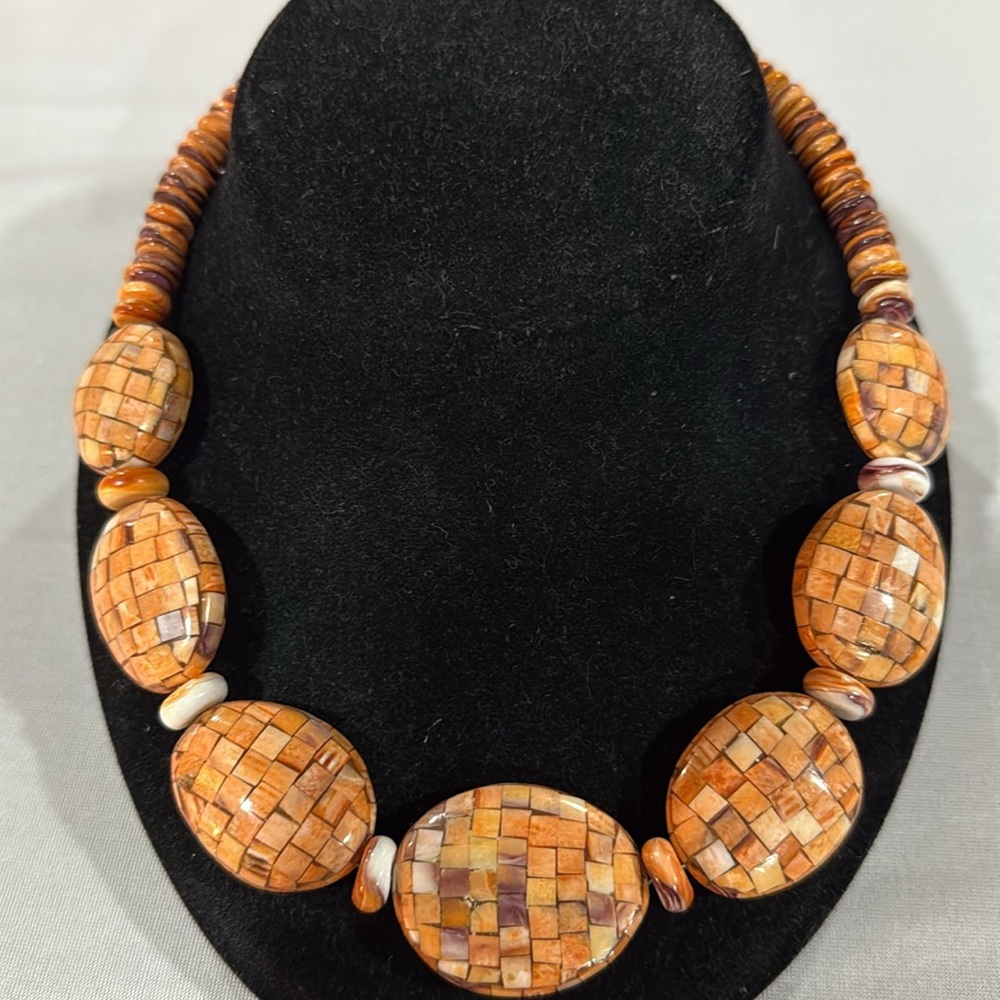 Mosaic Spiny Oyster Shell Necklace Artisan Inlay Beads with Heishi Accents